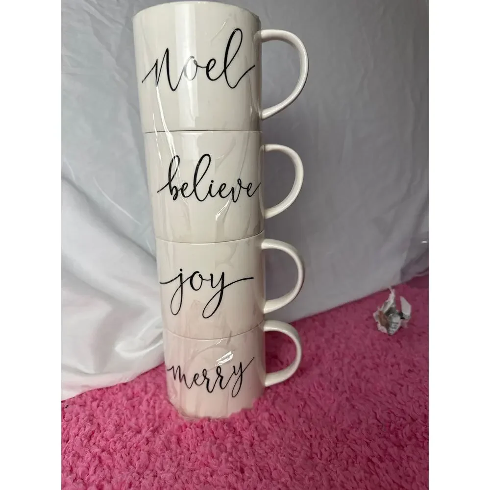 Set 4 Large Holiday Christmas Coffee Mugs Cups White Black‎ Words Letters